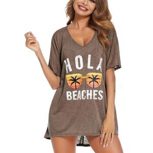  'Hola Beaches Graphic T-Shirt Dress Swimsuit Cover Up Brown | NWT